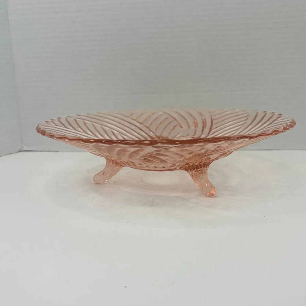 Vintage Pink Depression Glass Swirl Footed Bowl 10.5 Inch Scalloped Centerpiece